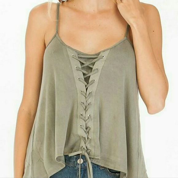 Tops - Lace Up Tank Top - Olive